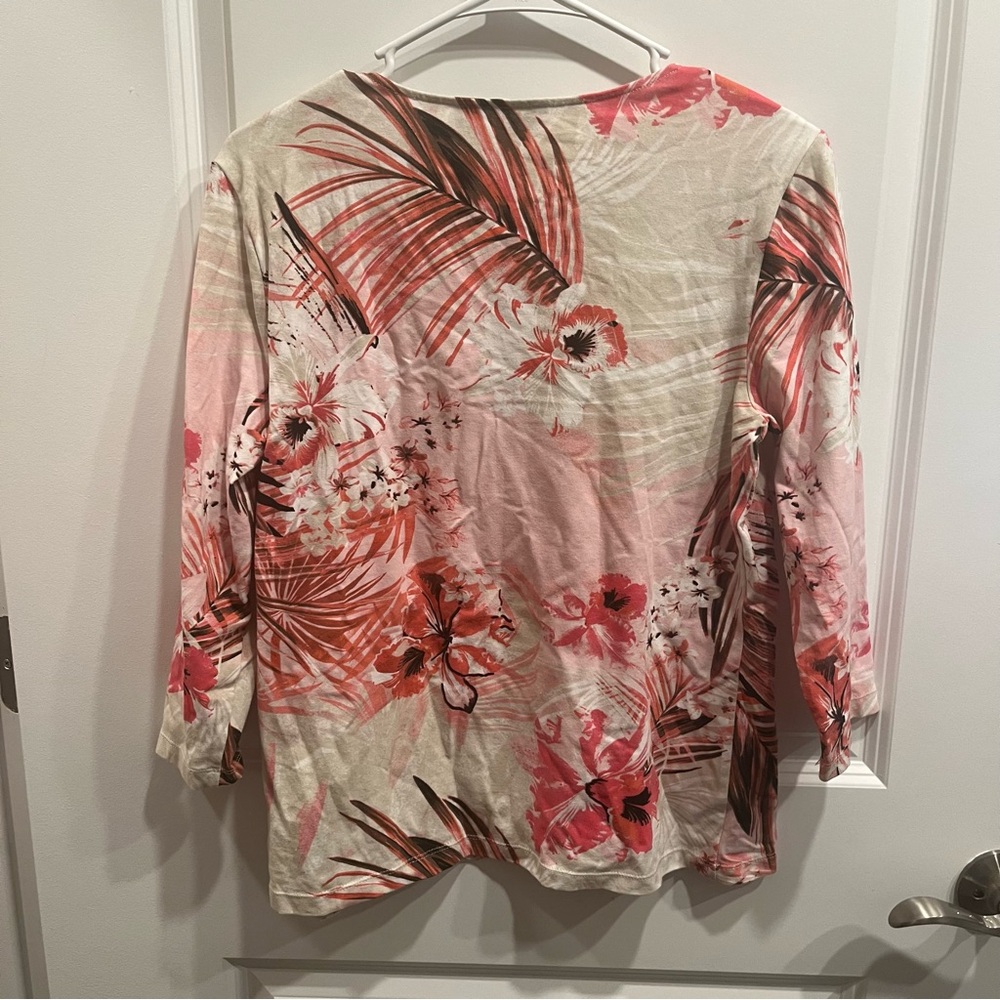 Chico's Pink & White Floral Top Blouse Stretch Cotton Casual 3/4 Sleeve … - Picture 5 of 5